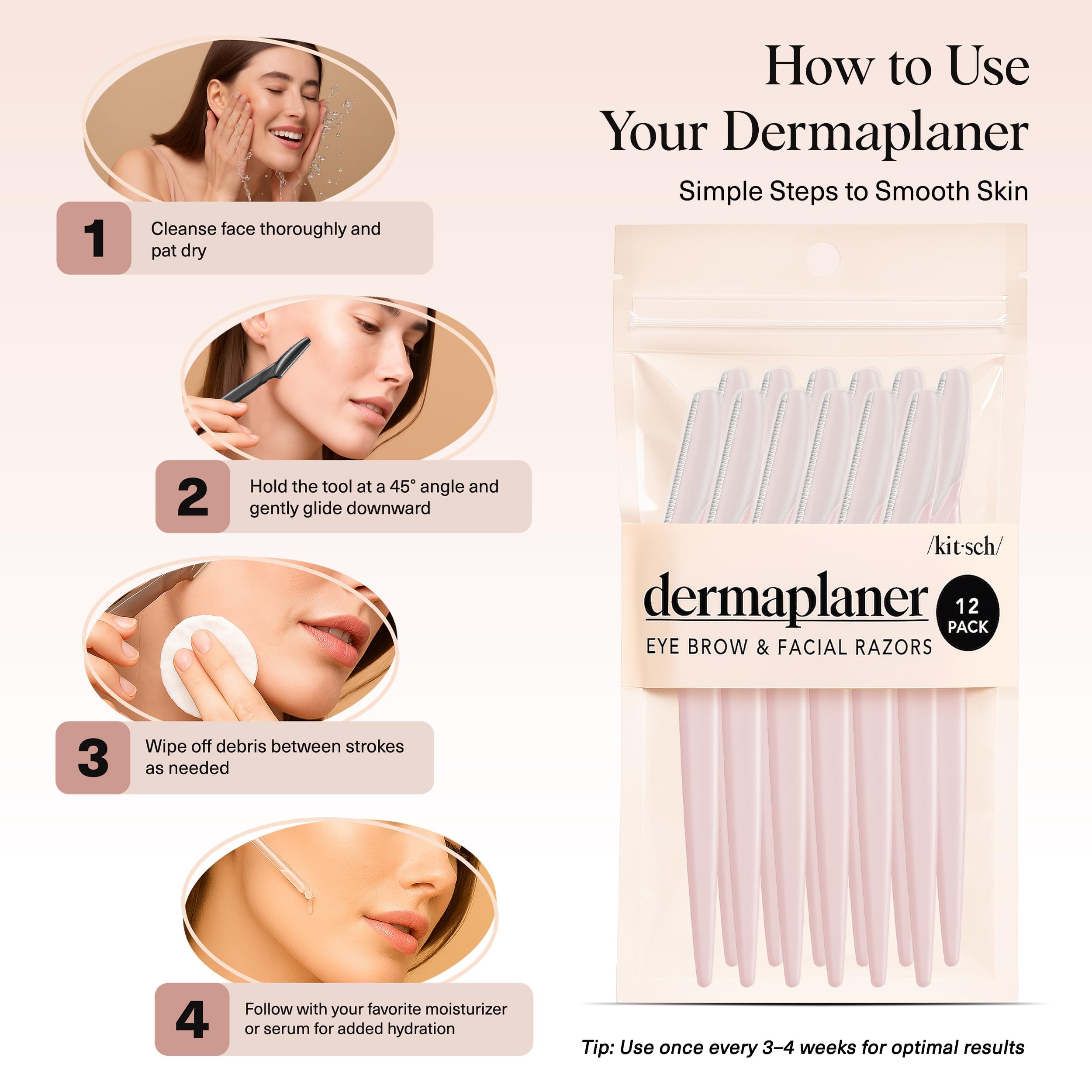 Kitsch Dermaplane Razor for Women Face – Face Razors for Women & Men, Eyebrow Trimmer & Face Shaver – Exfoliating Facial Razor & Skin Care Tool for Smoother Skin - Blush, 12 pcs