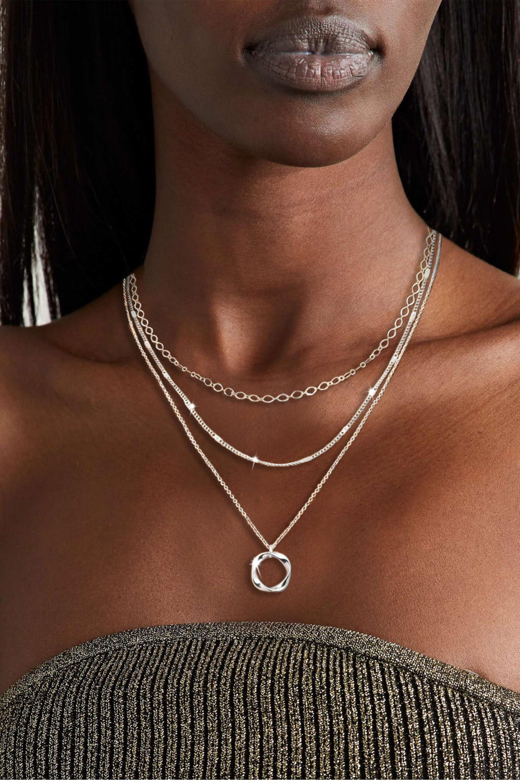 Cuzmly Layered Silver Necklaces for Women, 925 Sterling Silver Stackable Choker Necklaces for Women Trendy Layering Circle Pendant Chain Necklace Set Jewelry Gifts for Women Teen Girls, Brass, No