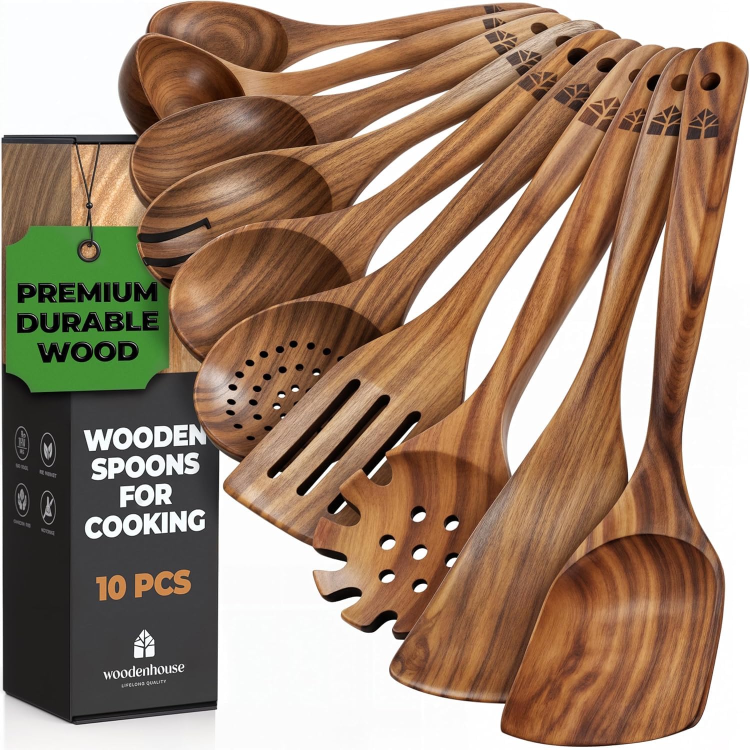 Wooden Spoons for Cooking – 10 Pc Teak Wood Utensil Set, Durable, Nonstick Safe & Heat Resistant with Ergonomic Handles