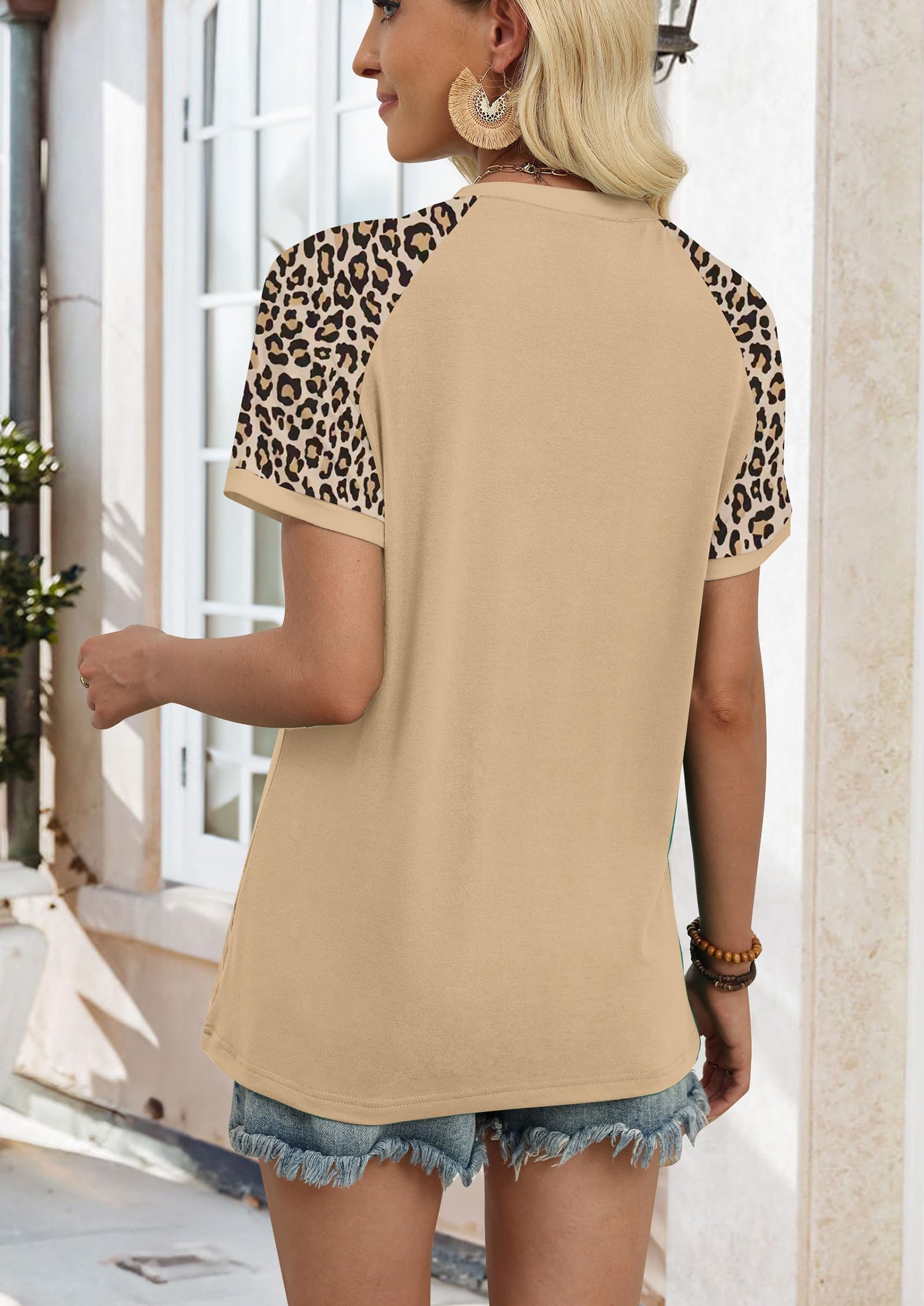 WIHOLL Oversized Tshirts for Women Graphic Summer Tops Short Sleeve Fashion Clothing Vacation Outfit Spring Clothes Round Neck Shirts Loose Fit Leopard Khaki XL