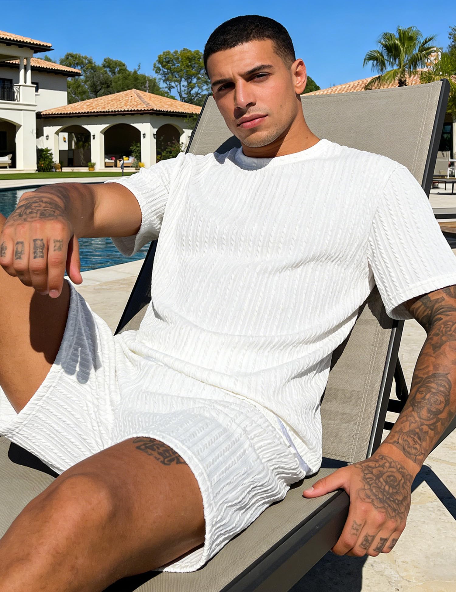 UOUA Mens Shorts Set Crewneck Short Sleeve T-Shirt & Shorts Twisted Texture 2 Piece Summer Outfits Casual Matching Sets White M