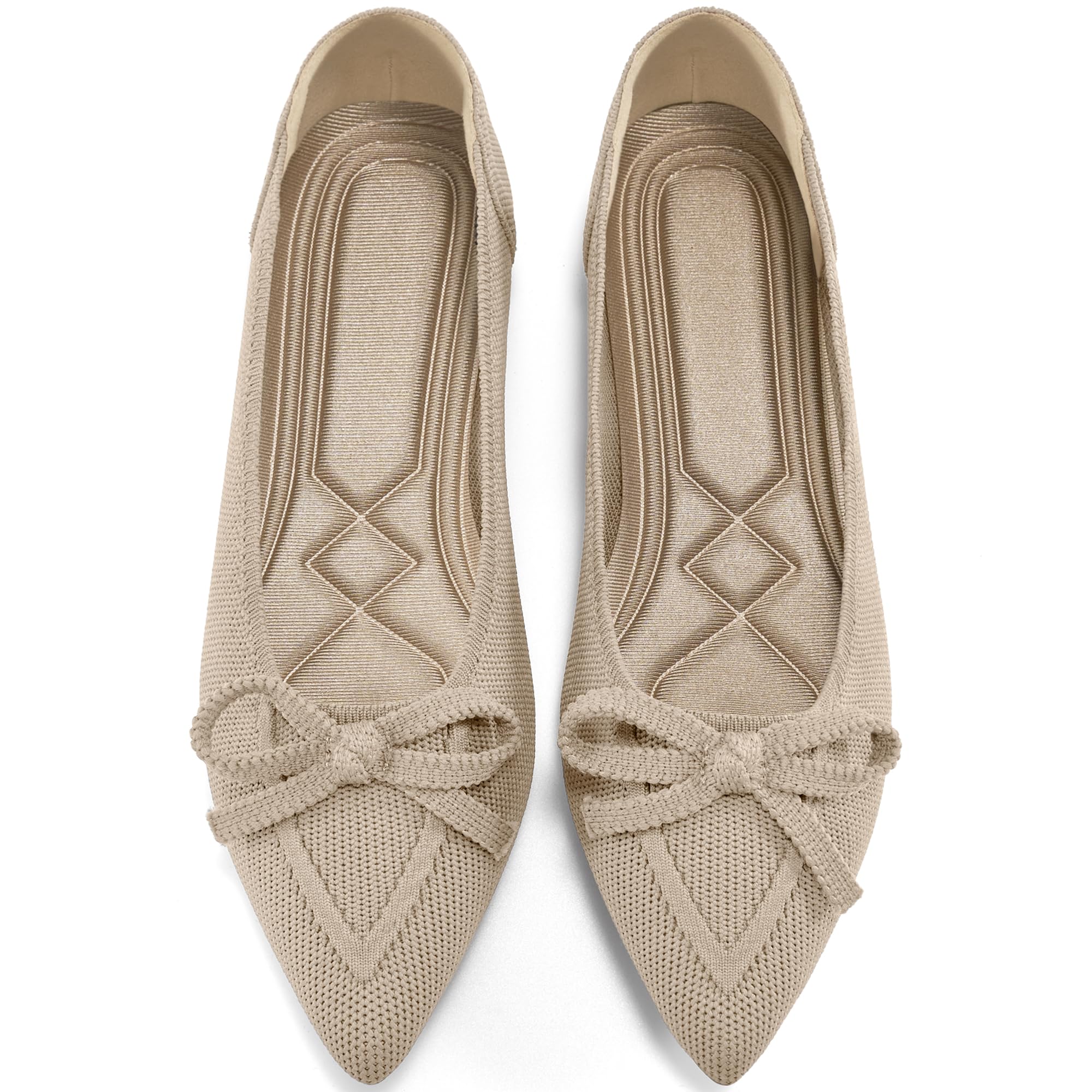 Ablanczoom Ballet Flats Shoes for Women: Dressy Pointed Toe Bow Knit Flats Comfortable Slip On Work Business Casual Shoes Beige