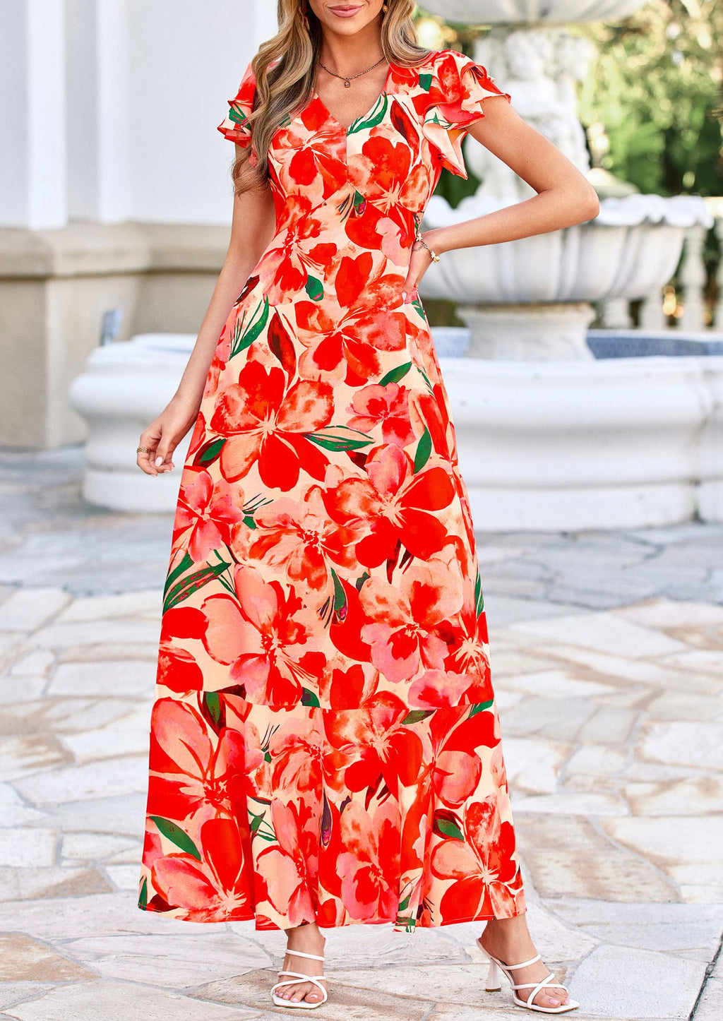 PRETTYGARDEN Spring Dresses for Women 2026 Summer Boho Floral Ruffle Short Sleeve Flowy Beach Wedding Guest Maxi Long Dress(Print Orange,X-Large)