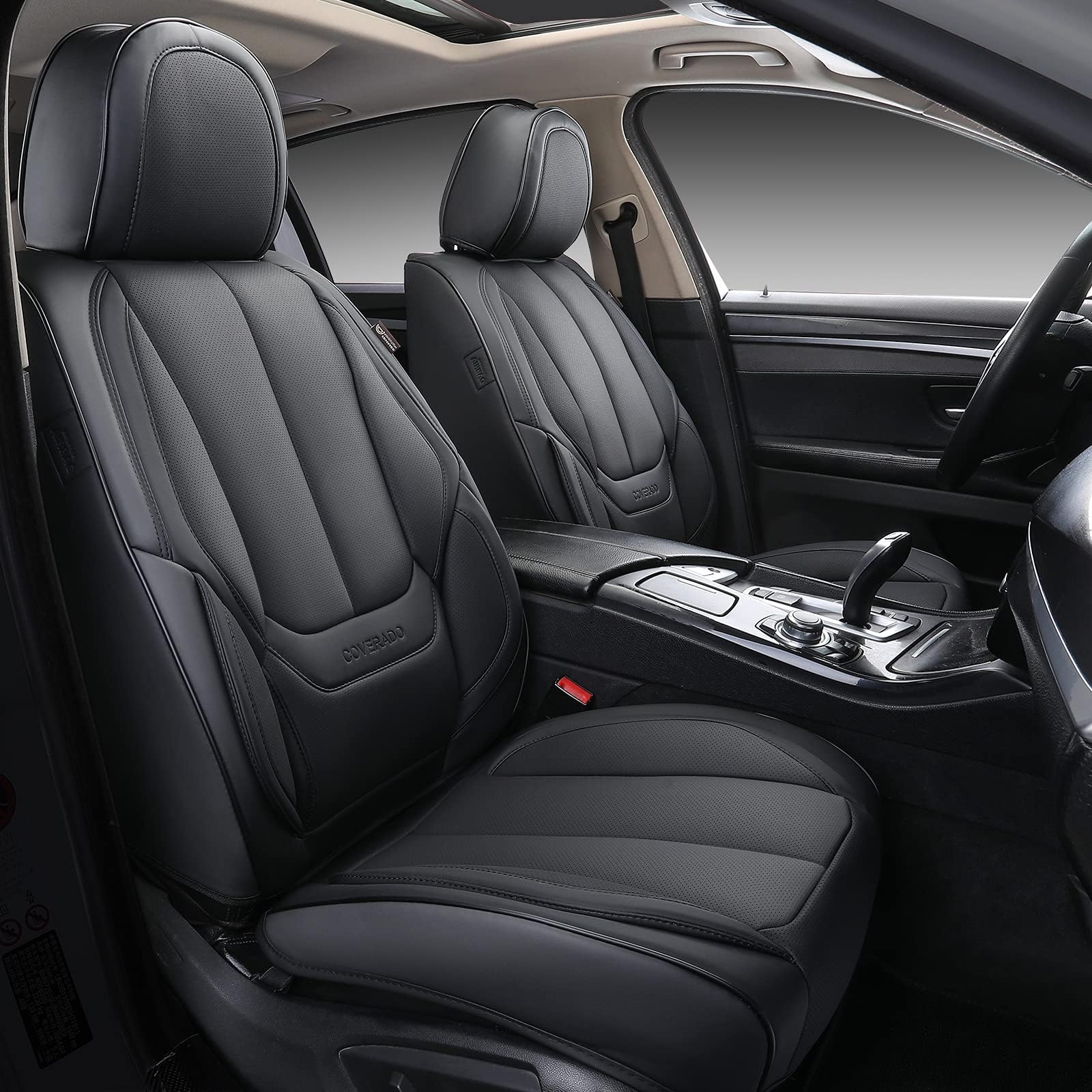Coverado Seat Covers Full Set, Black Seat Covers for Cars 5 Seats, Car Seat Protector, Waterproof Nappa Leather Car Seat Cushion, Front and Rear Car Seat Cover Fit for Most Sedans SUV Pick-up Truck