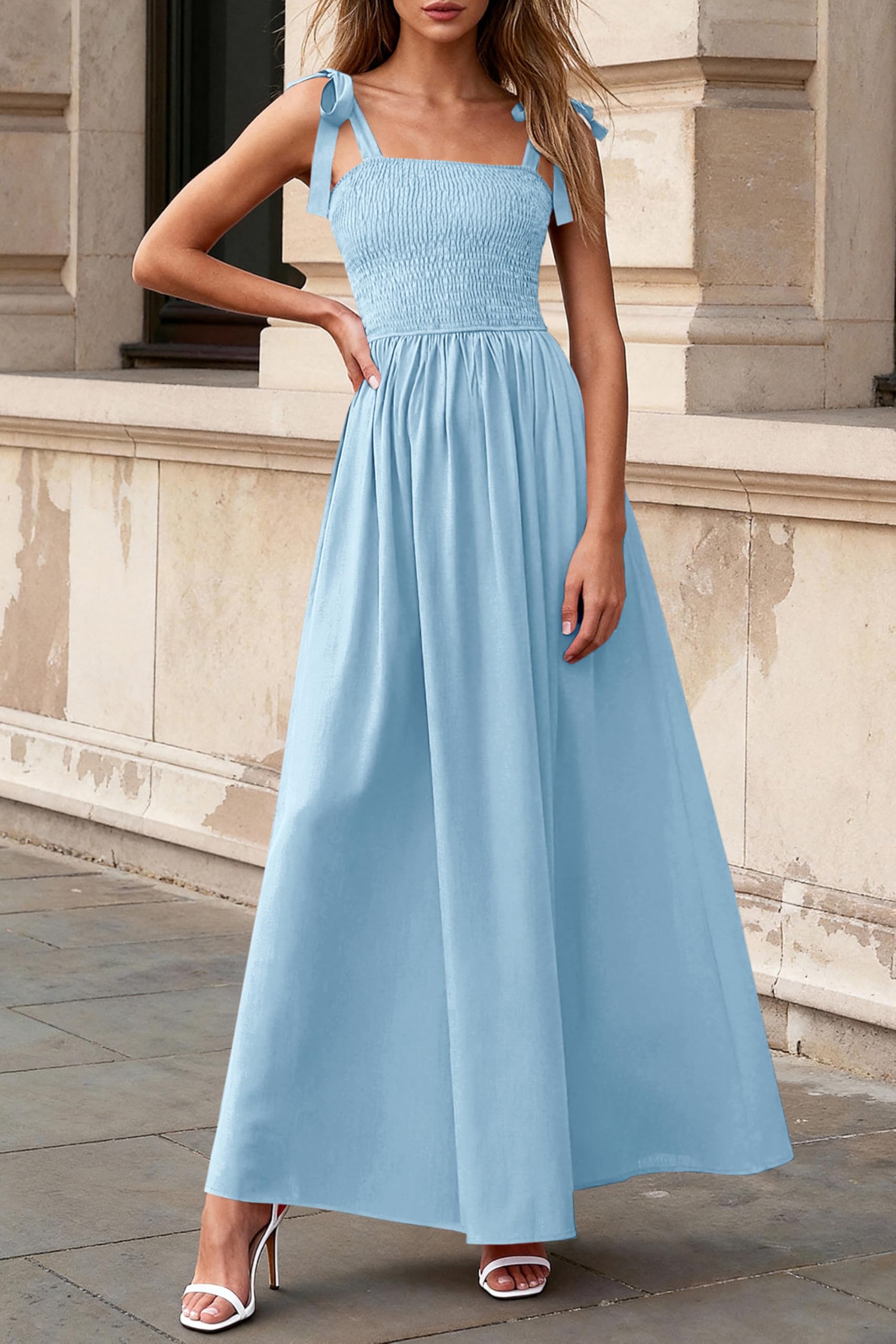 PRETTYGARDEN Womens Summer Dresses 2026 Sleeveless Smocked Maxi Dress Boho Spaghetti Strap A Line Flowy Beach Long Sundresses(Light Blue,Small)