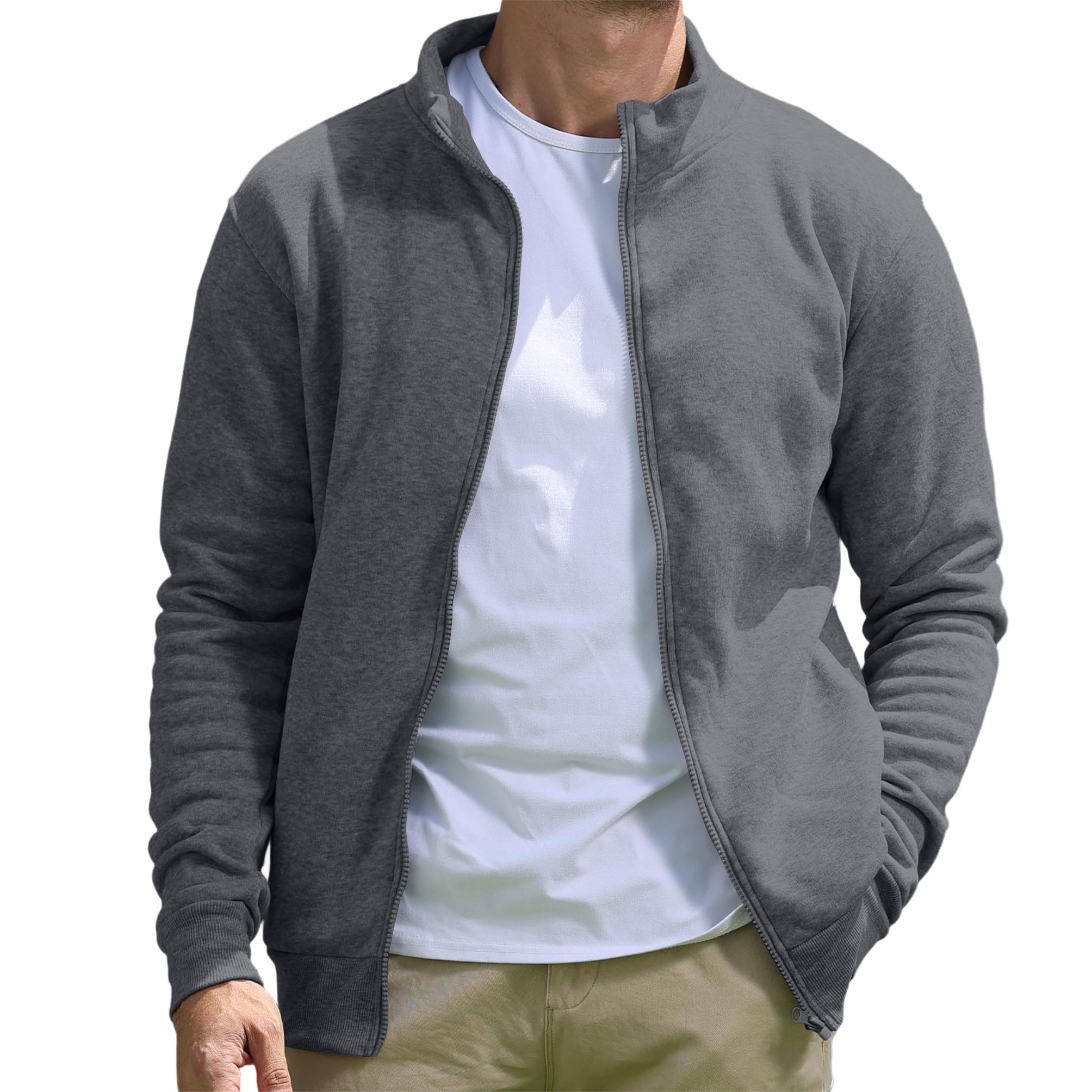 BRAPRO Men's Full-Zip Sweatshirt No Hood Hoodies Stand Collar Cardigan Pockets Jacket Casual & Active Loose Cotton Fleece Darkgrey M