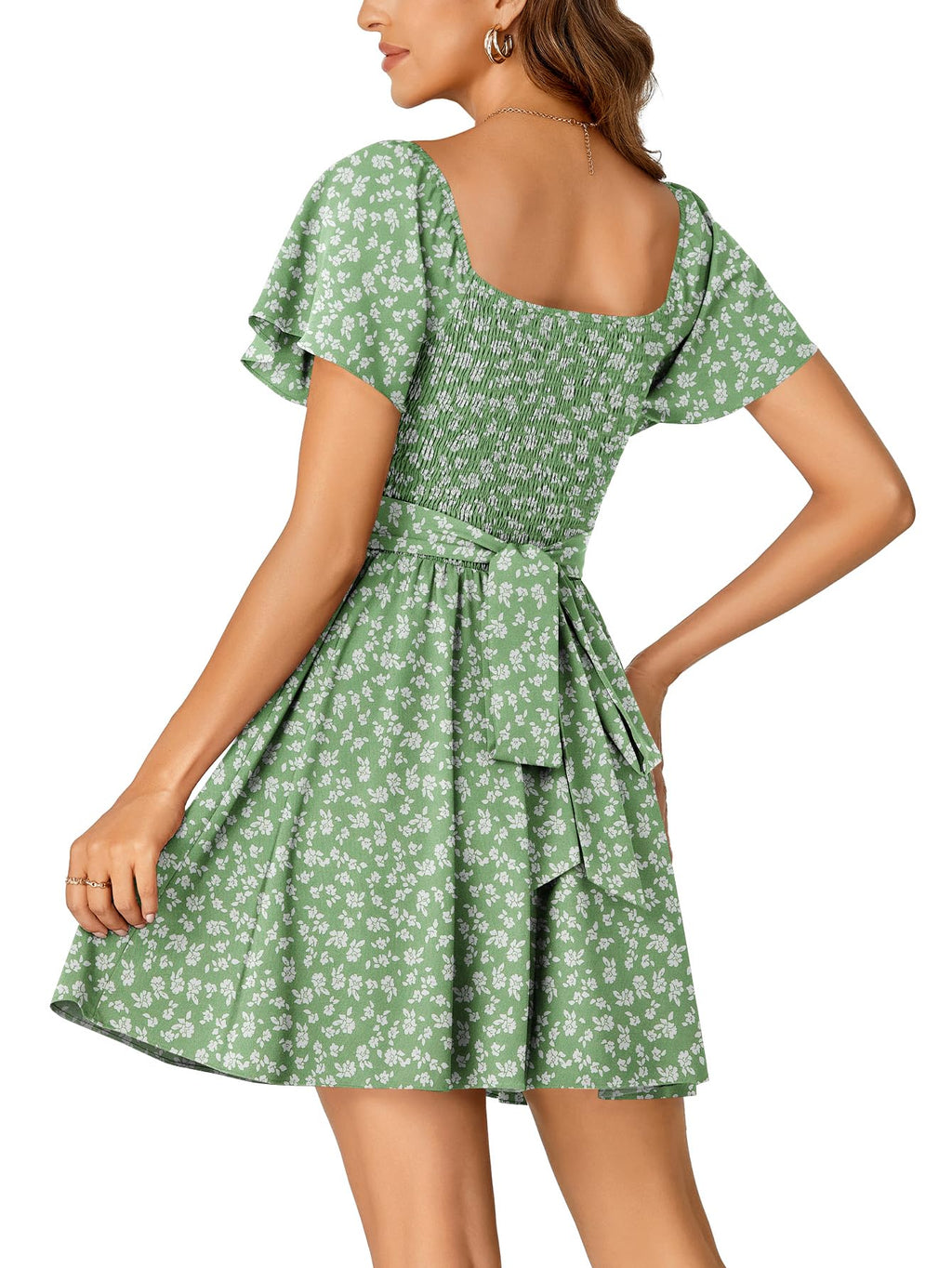 Rooscier Women's Tie Back Square Neck Ruffle Wrap Short Sleeve Flare Mini Dress Green Floral Medium