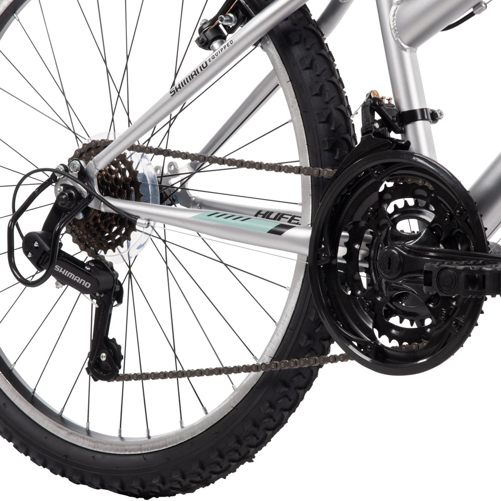 Huffy Stone Mountain Womens 24 Inch Mountain Bike, Metallic Nickel Frame, 21-Speed Shimano Twist Shifting, Front Suspension, Comfort Saddle | 20"/24"/26" Sizes, 6-21 Speeds, Dual Suspension Available