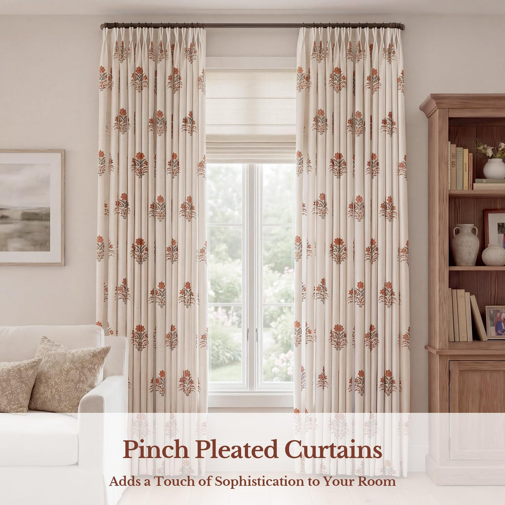 THREE GIRLS Pinch Pleated Curtains Light Filtering Red Floral Curtains for Living Room Bedroom Dining Room 84 Inches Luxury Linen Drapes Farmhouse Window Curtains with Hooks - 2 Panels Set, 40" x 84"