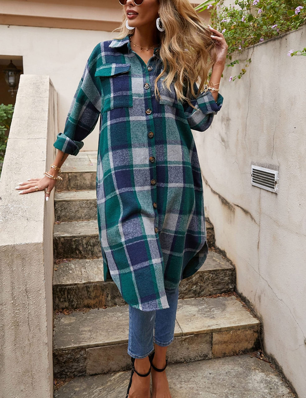 Himosyber Women's Casual Plaid Lapel Woolen Button Up Pocketed Long Shacket Coat(Green-XXL)