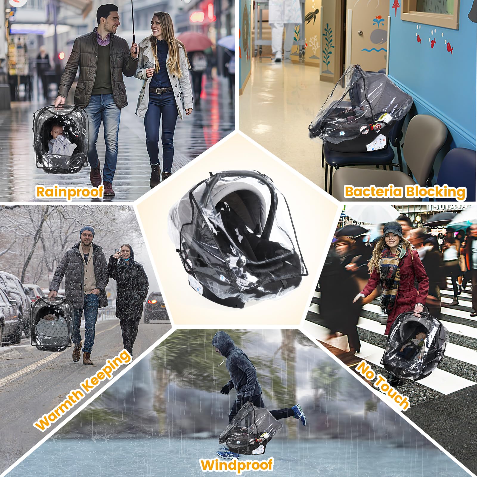 Car Seat Rain Cover Universal, Food Grade EVA, Waterproof Weather Shield for Infant Car Seat with Storage Bag, Baby Car Seat Stroller Rain Cover Features Side Ventilation, Quick-Access Roll-Up Door