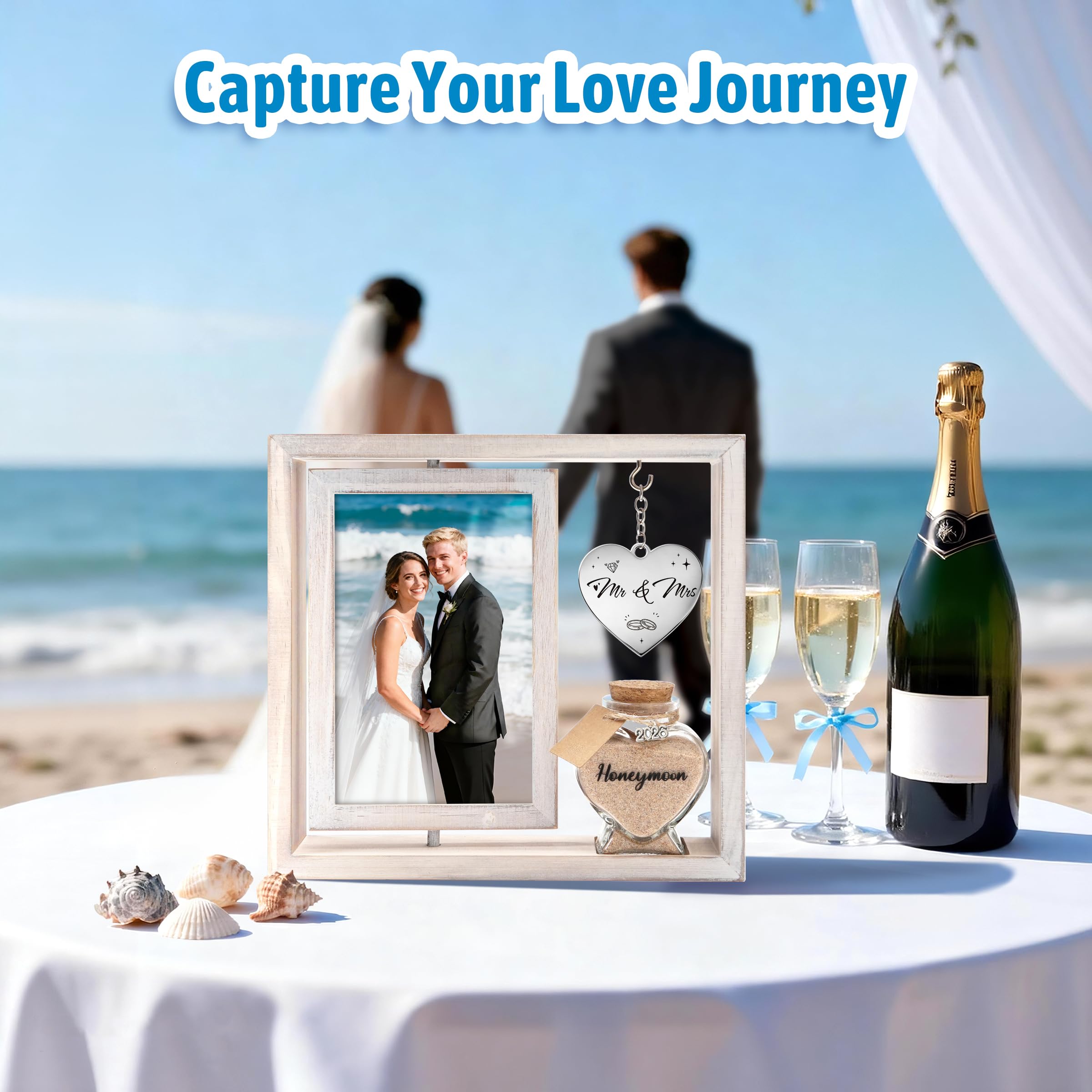 Wedding Gifts for Couples – 360° Rotating Double-Sided Picture Frame with Honeymoon Sand Keepsake Jar, Holds Two 4x6 Photos, Ideal for Bridal Shower, Mr & Mrs Engagement and Newlywed Gift Set (Mr&Mrs-White)