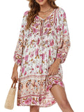 Qearal Summer Dresses for Women Casual Beach Vacation 3/4 Puffy Sleeve Boho Sun Dresses White XL