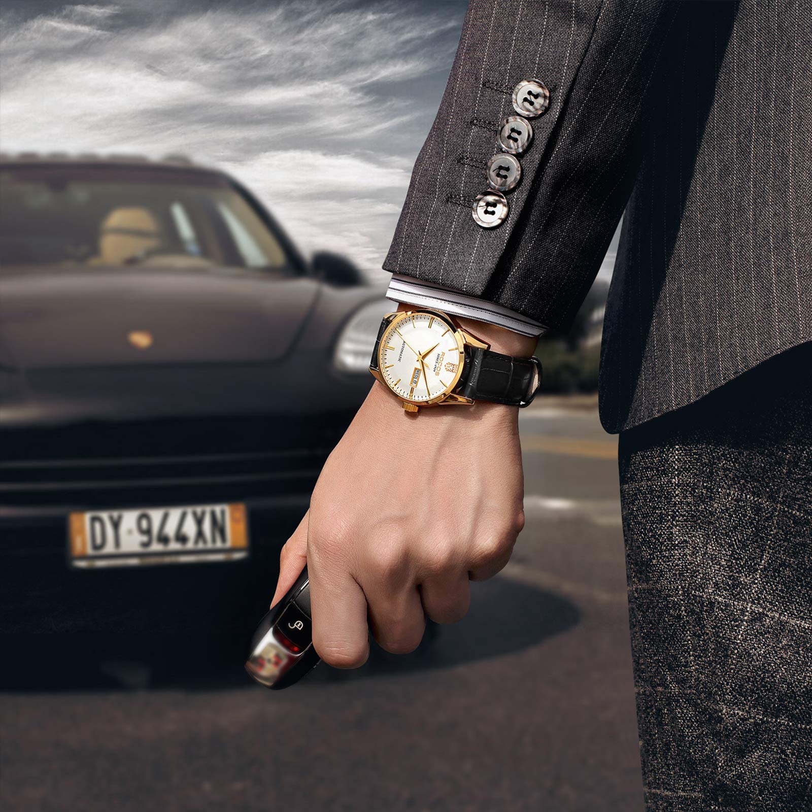 ROCOSJEWE R0101 Men's Automatic Mechanical Watch Golden Luxury Watch for Men Classic Retro Wristwatch Day Date Black Leather Strap Dress Watches Waterproof Gift for Men Fashion Business