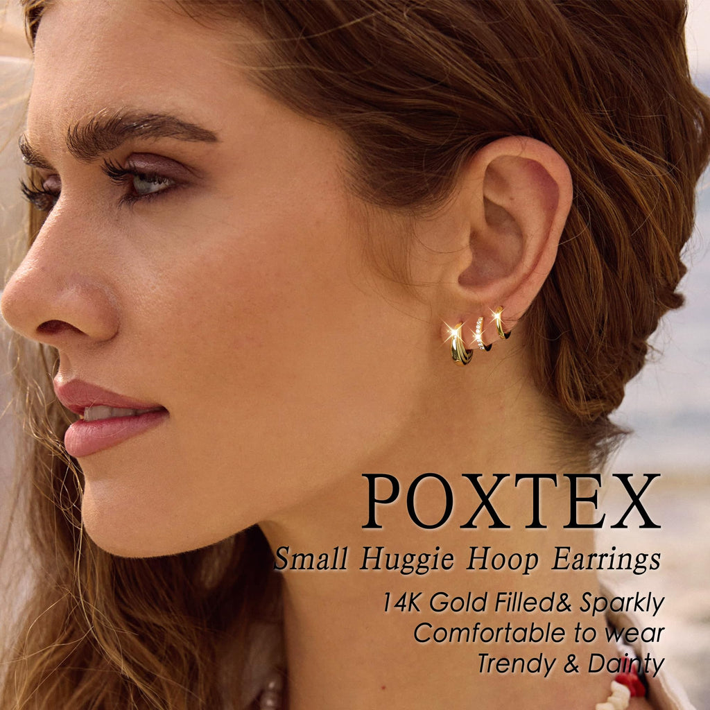 Poxtex Small 14K Gold Plated Huggie Hoop Earrings Set for Women, Hypoallergenic Trendy Hoops Stacks for Multiple Piercings, Dainty Cute Mini Lightweight Cartilage Helix Jewelry Gift Sensitive Ears