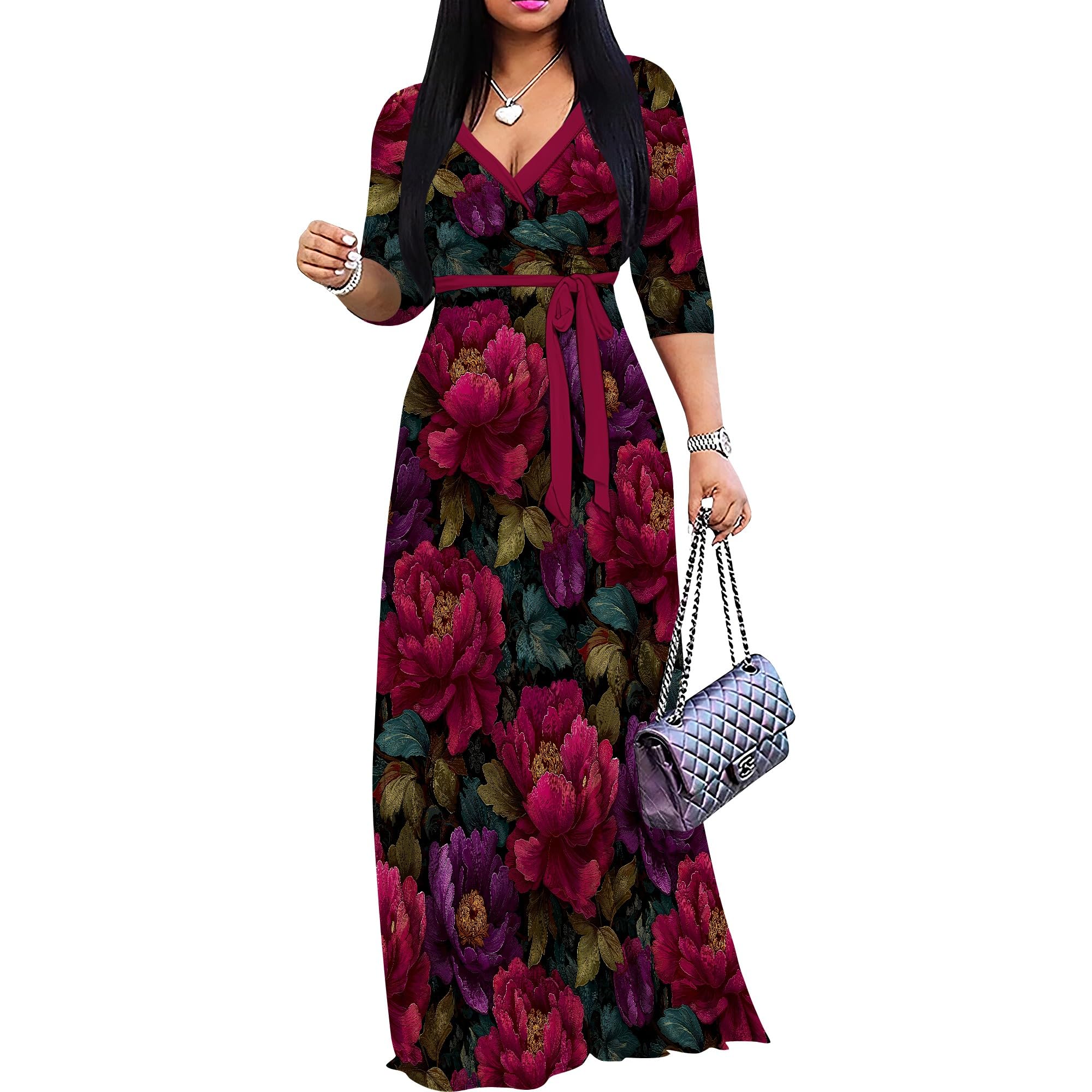 PinkPatty Plus Size Maxi Dress for Women 3/4 Sleeve V Neck Printing Dress Wedding Guest Sundress with Belt (A-Red/Purple Peony 2XL)
