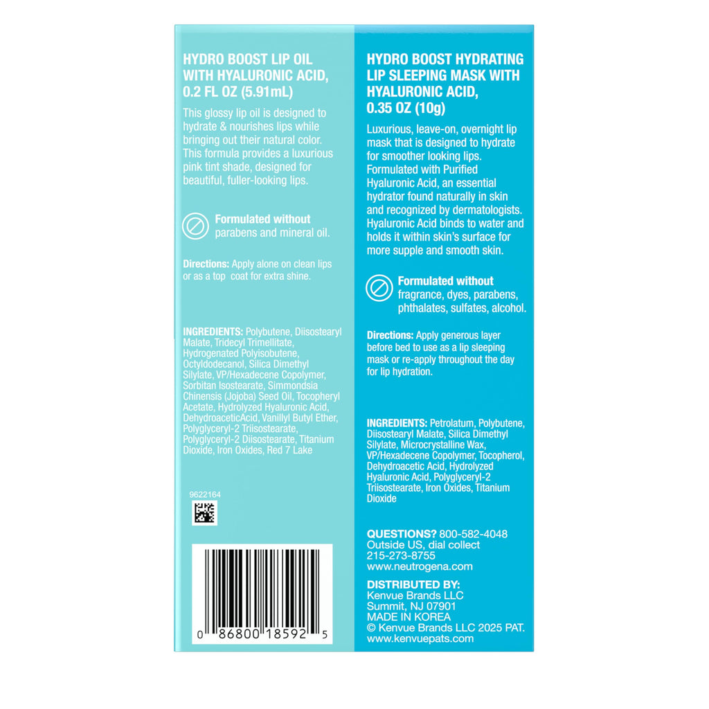 Neutrogena Hydro Boost Lip Hydration Kit with Light Pink Tinted Lip Oil and Clear Overnight Lip Sleeping Mask, Both with Hyaluronic Acid Designed to Nourish & Hydrate Day & Night, 2 items