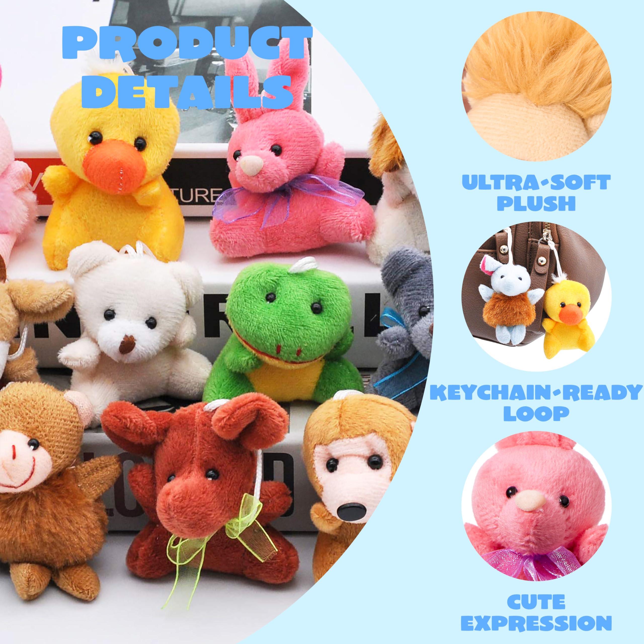 JOYIN 24 Pack Mini Animal Plush Toy Assortment (24 Units 3" Each), Animals Keychain Decoration for Kids, Small Stuffed Animal Bulk for Kids, Carnival Prizes, School Gifts, Valentines Goodie Bags