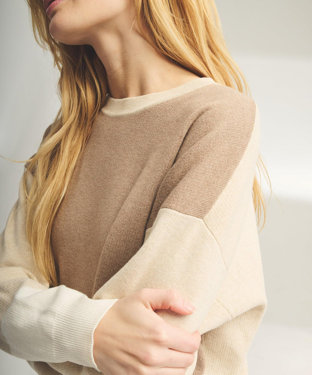 NAADAM Women Cafe Cotton Cashmere Colorblock Sweatshirt, Oatmeal Combo,Medium