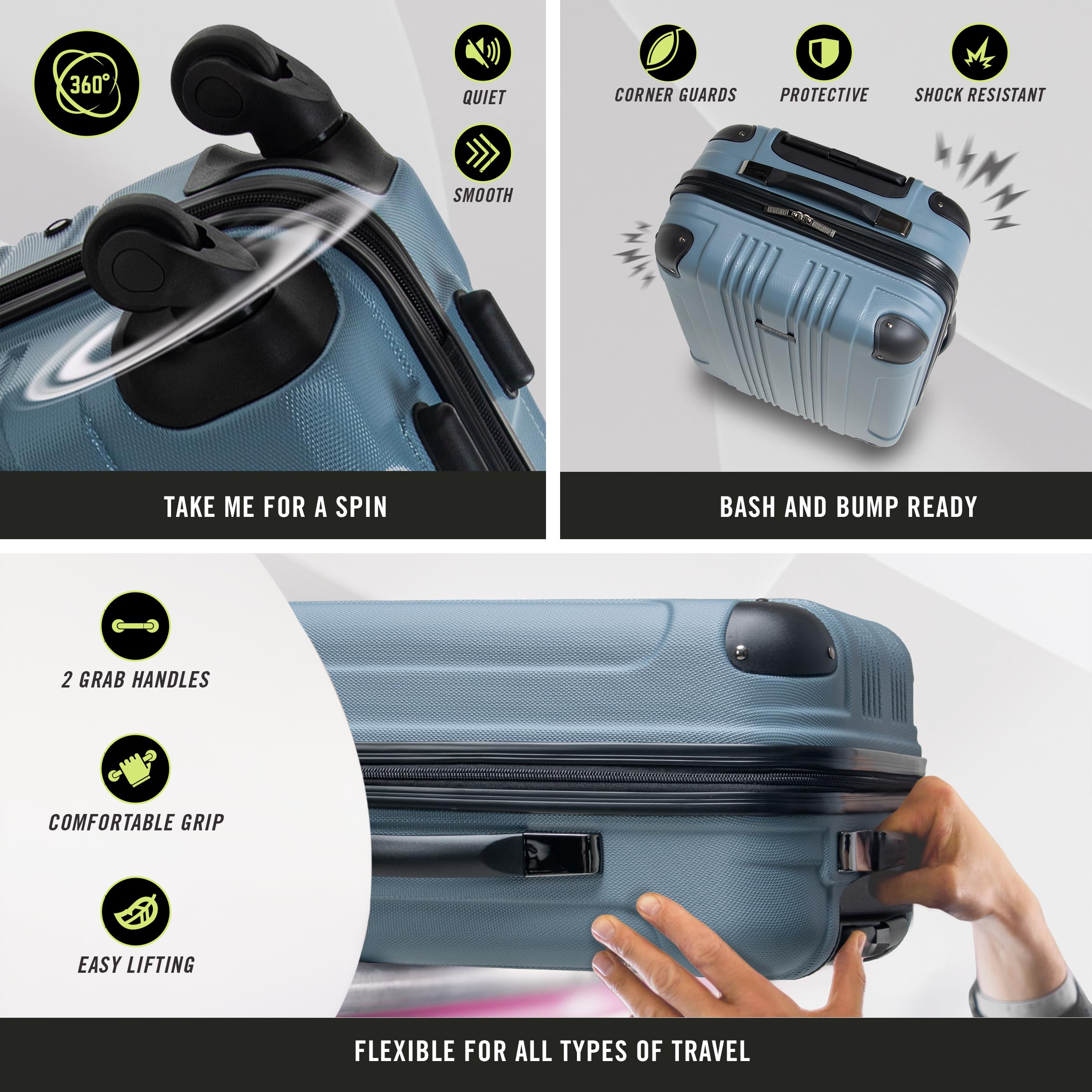 Kenneth Cole REACTION Out of Bounds Lightweight Hardshell 4-Wheel Spinner Luggage, Granite Blue, 3-Piece Set (20", 24", & 28")