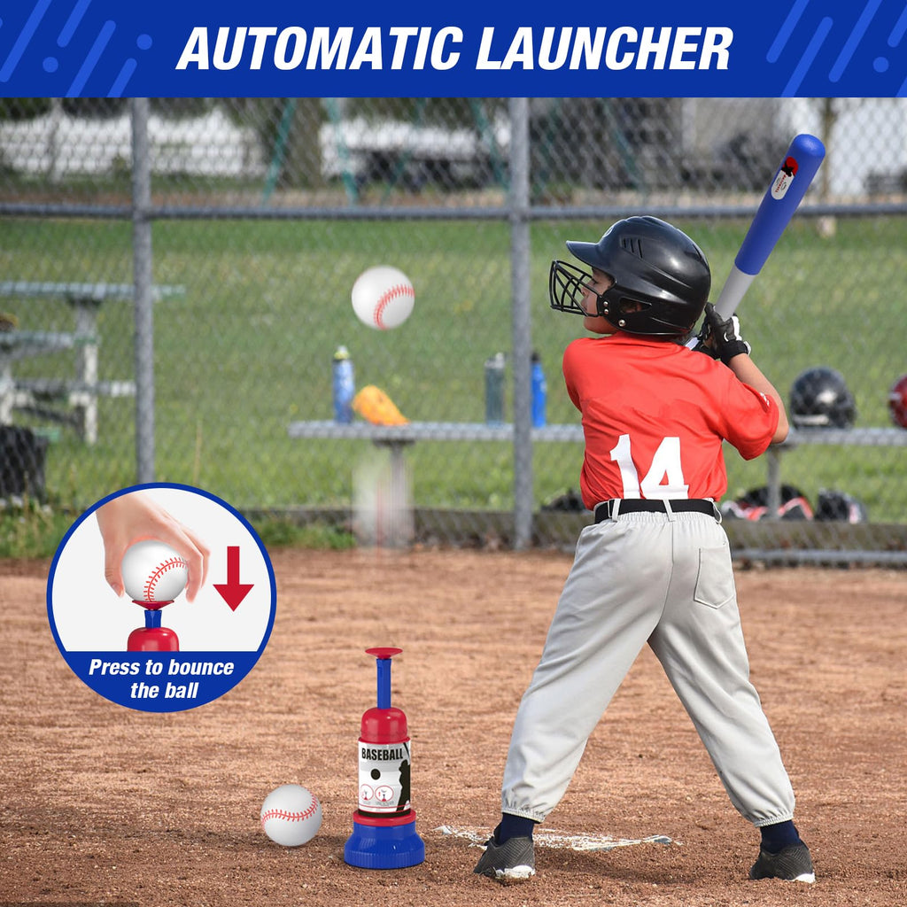 HYES 3-in-1 Baseball Set for Kids 3-5 - Tee Ball Stand, Hanging Tee, Ball Launcher and 6 Softballs - Adjustable Height, Indoor/Outdoor Sport Gifts for Boys Girls, Blue