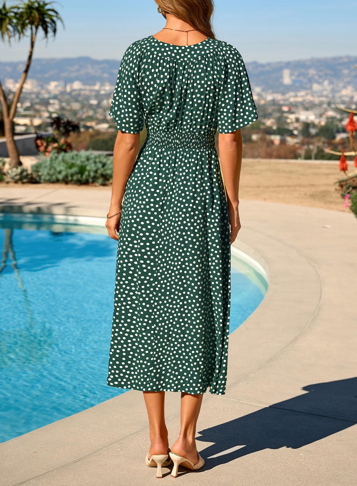 Dokotoo Spring Dresses for Women 2026 Womens Empire Waist Smocked A Line Midi Maxi Dress Polka Dot Flutter Short Sleeve Flowy Summer Casual Boho Dress Easter Green Large