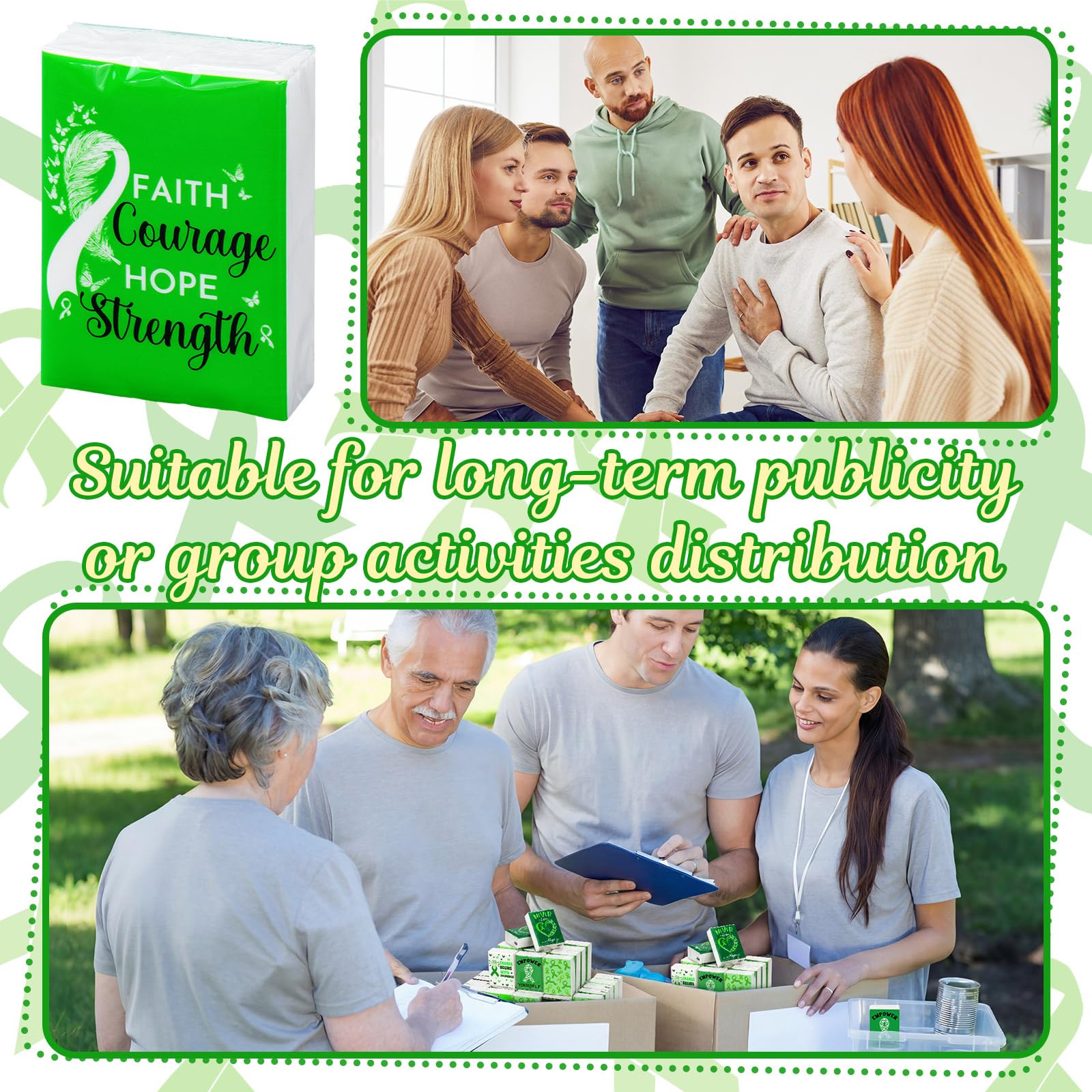 Honoson 60 Pack Mental Health Awareness Tissues Bulk Green Ribbon Mental Health Awareness Month Gifts Favor Travel Pocket Tissue for Charity Event Supplies Volunteer Activities