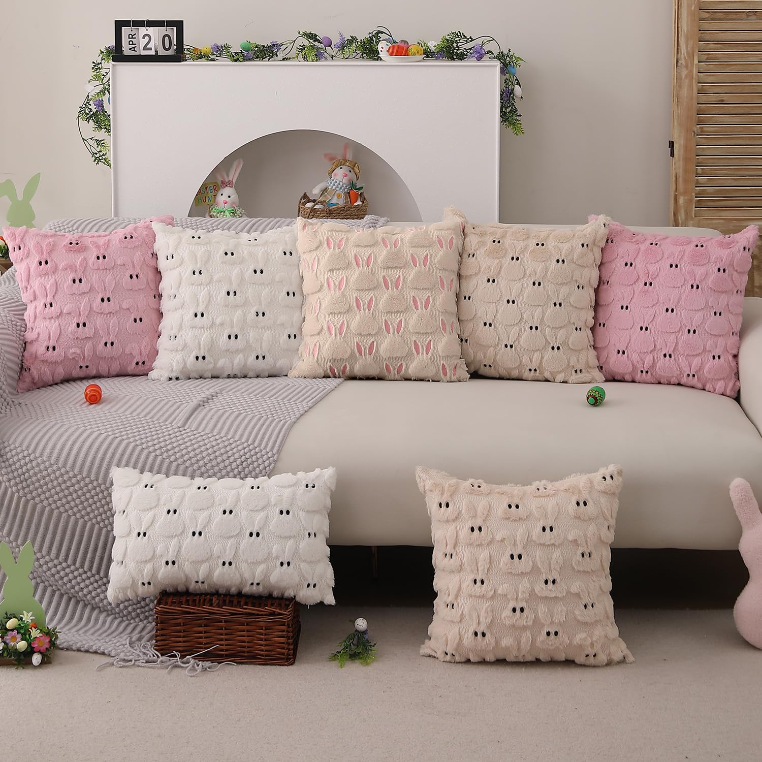 DFXSZ Easter Pillow Covers 16x16 inch Set of 2 Easter Decorations Pink Ears Beige Rabbit Soft Plush Faux Fur Jacquard Throw Pillows for Bedroom Sofa Holiday Festivals Home Decor FHJ-17C16