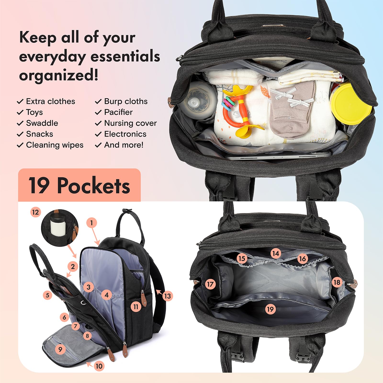 Dikaslon Diaper Bag Backpack with Portable Changing Pad, Pacifier Case and Stroller Straps, Large Unisex Baby Bags for Boys Girls, Multipurpose Travel Back Pack Moms Dads, Black