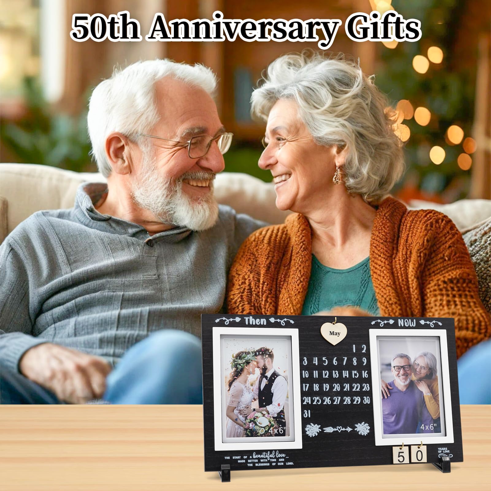 DIY Anniversary Wooden Picture Frame — Then and Now Commemorative Gift Features Changable Wooden Month and Number Plates Wedding Anniversary Frame Retro Vintage Photo Frame Holds Two 4x6-inch photos