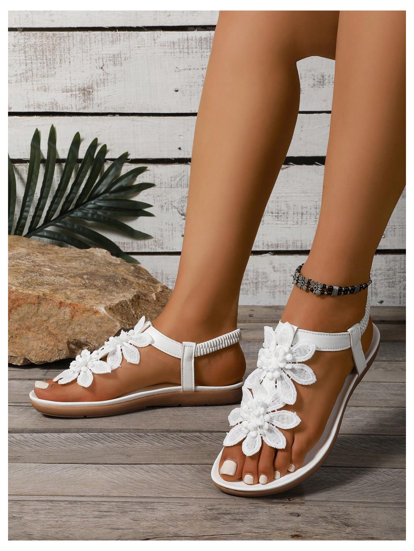 GORGLITTER Women's Flower Thongs Sandals With Ankle Strap Open Toe Trendy 2026 Summer Comfortable Wedding Beach Sandals White 9.5