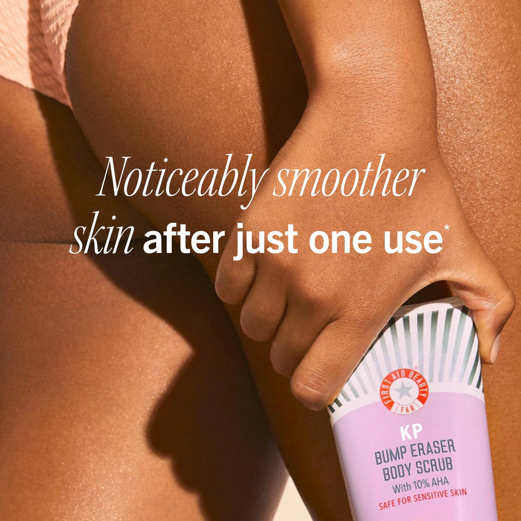 First Aid Beauty - Soft & Smooth Starter Kit, KP Bump Eraser Body Scrub with 10% AHA, 114 g, KP Smoothing Body Lotion with 10% AHA (Fresh Peach), 189.9 g, & Ingrown Hair Pads with BHA + AHA, 28 ct