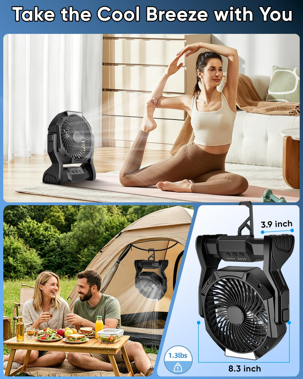 Aynvixt Portable Rechargeable Fan, 20000mAh Battery Powered Camping Fan with LED Light & Hook, 270° Adjustable, 4-Speed, 4H Timer Camping Essentials for Outdoor Tent Travel BBQ Car, Gifts for Men Dad