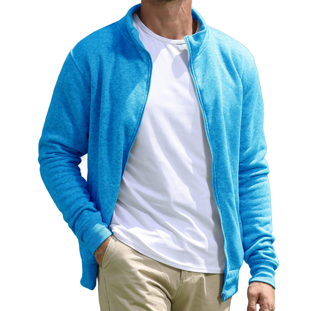 BRAPRO Men's Full-Zip Sweatshirt No Hood Hoodies Stand Collar Cardigan Pockets Jacket Casual & Active Loose Cotton Fleece Blue M