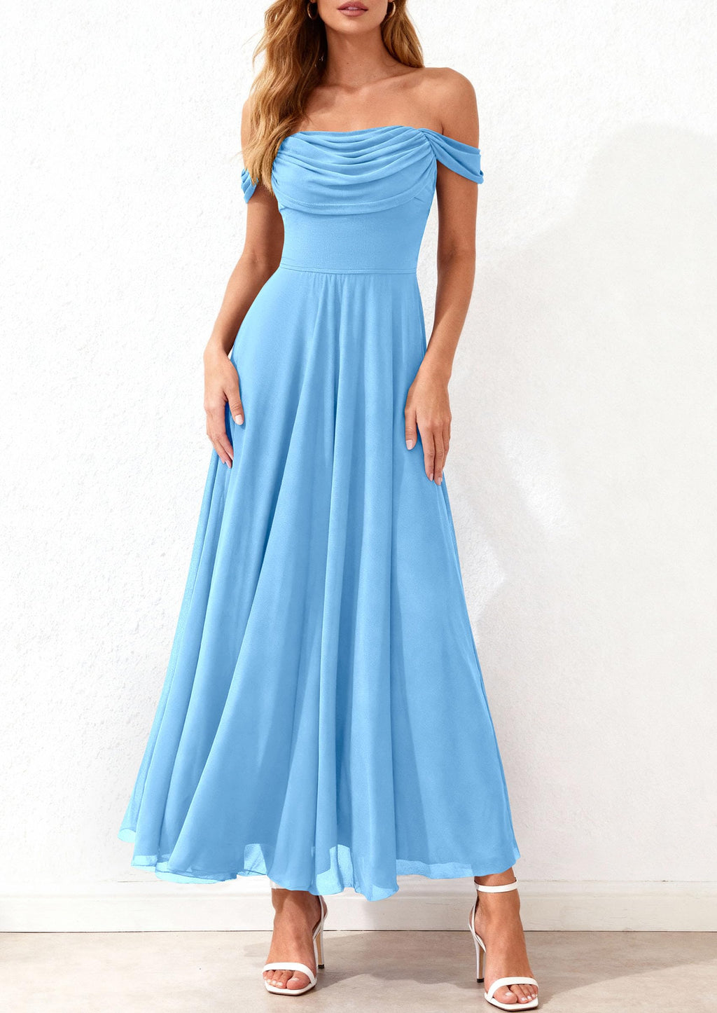 PRETTYGARDEN Womens Off Shoulder Maxi Summer Dresses 2026 Elegant Mesh Aline Swing Ruched Flowy Cocktail Wedding Guest Dress (Light Blue,Small)