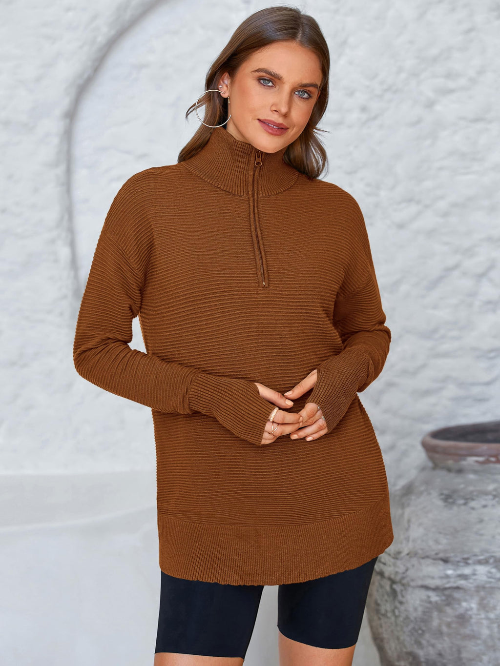 PRETTYGARDEN Womens Long Sleeve Quarter Zip Pullover Sweater Casual Loose V Neck Collared Ribbed Knit Jumper Tops Thumb Hole(Caramel,Large)