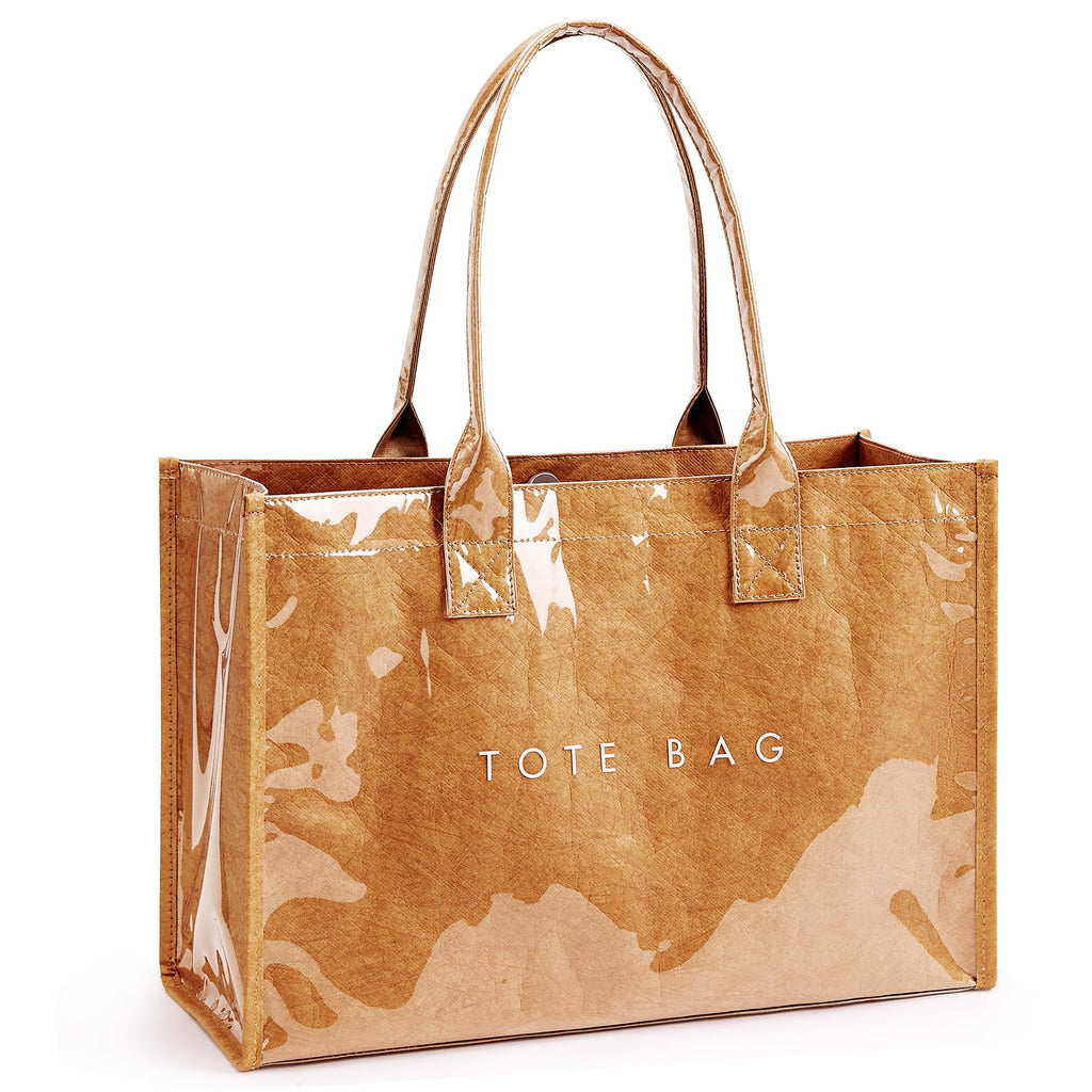 KALIDI PVC Tote Bag Women’s Kraft Paper Work Handbags Purses with Top Handle,Brown