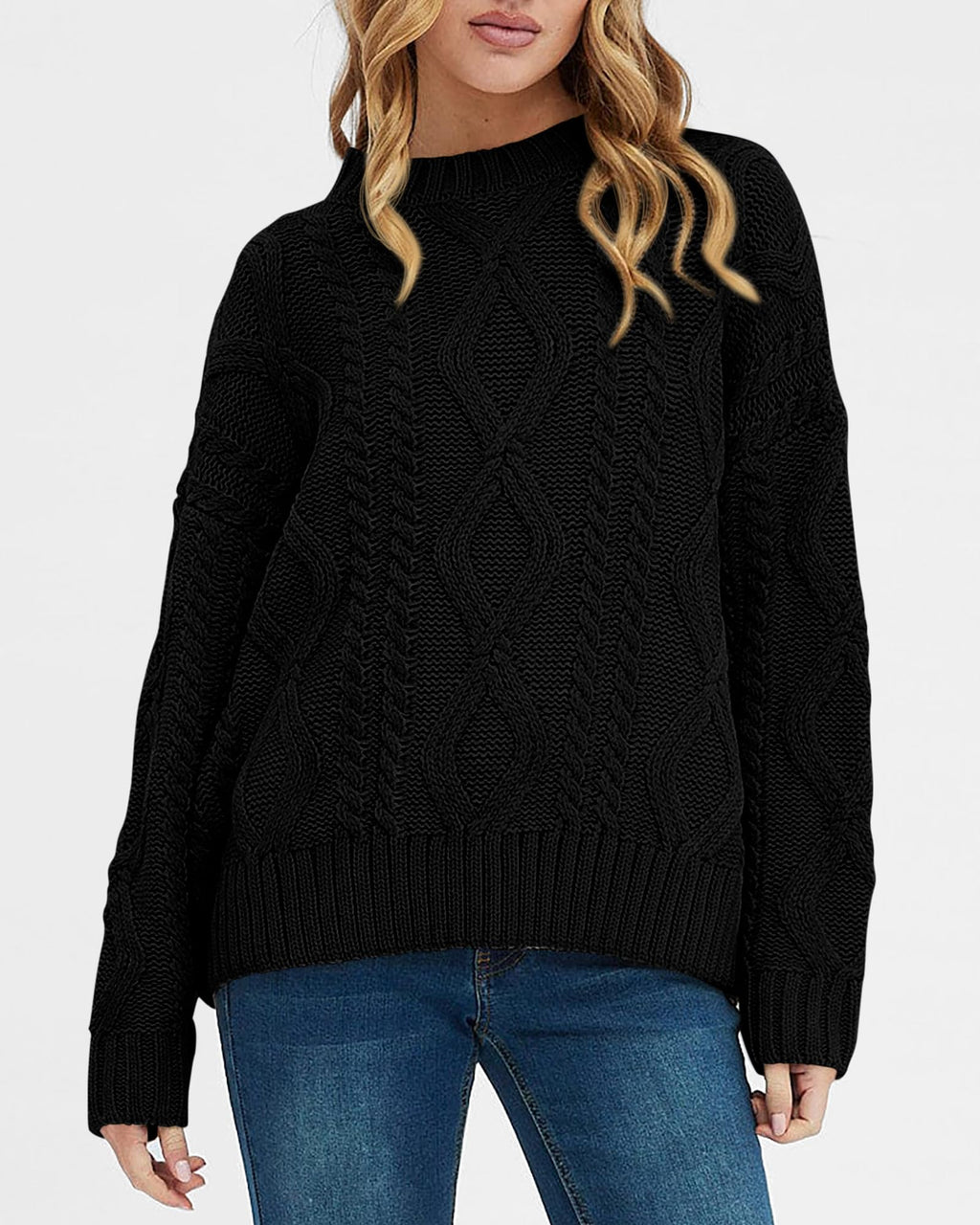 BTFBM Casual Women Long Sleeve Sweater 2025 Fall Ribbed Knit Pullover Loose Crewneck Cable Sweater Jumper Tops(Black,Medium)