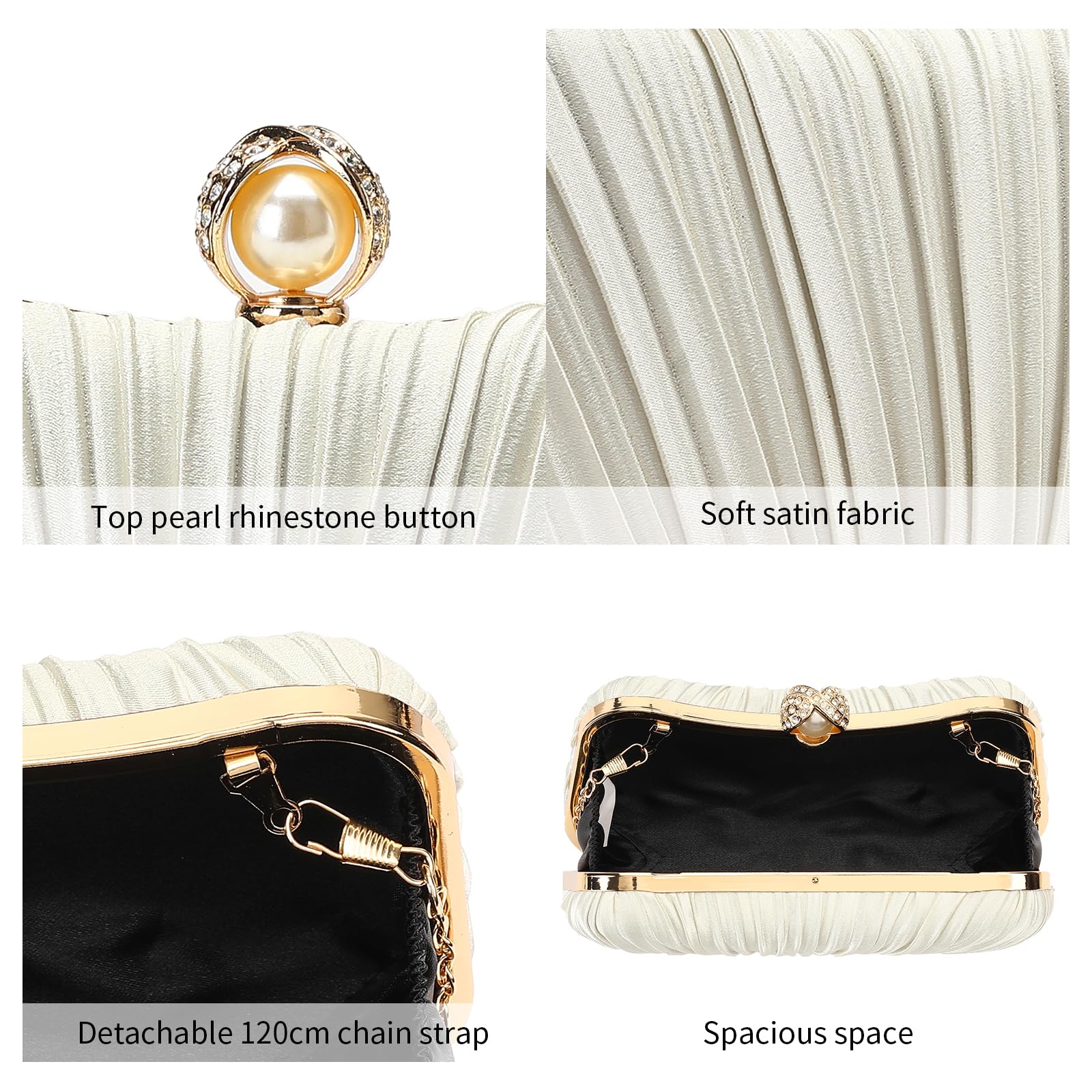 RNIEGA Small Clutch Purses for Women Evening Bag Pleated Satins Clutch Purse Luxury Handbags for Wedding Party
