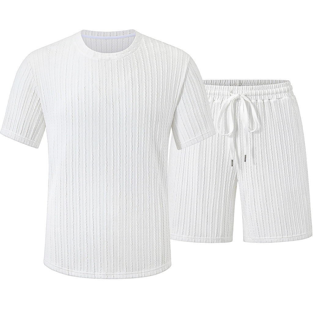 UOUA Mens Shorts Set Crewneck Short Sleeve T-Shirt & Shorts Twisted Texture 2 Piece Summer Outfits Casual Matching Sets White M