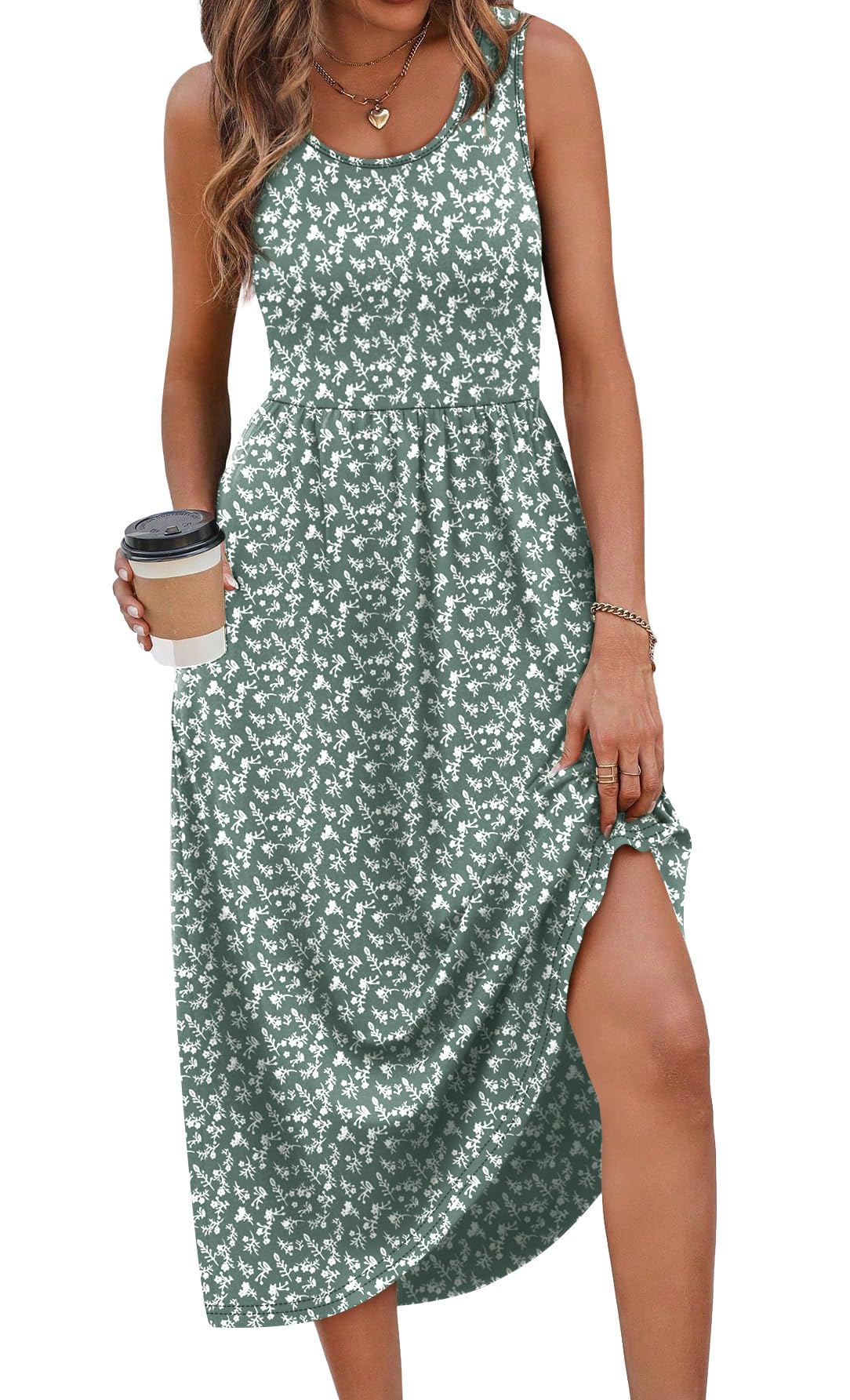 WIHOLL Casual Dresses for Women Sleeveless Scoop Neck Flowy Spring Midi Dresses for Women Sun Dress Beach Vacation Maxi Summer Dress Sundresses for Women 2026 Green Floral M