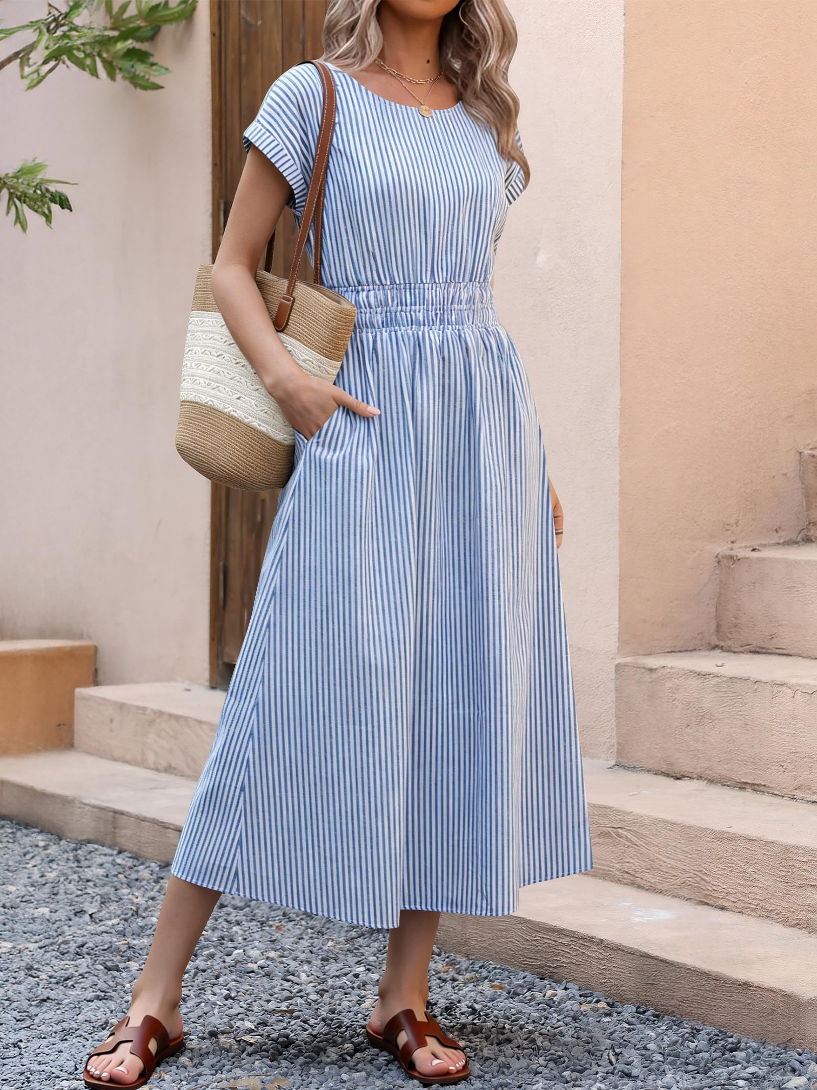 ANRABESS Womens Summer Midi Dress Striped Casual Short Sleeve Crewneck Empire Waist 2026 Flowy Long Beach Dress with Pockets Blue White Stripe X-Large
