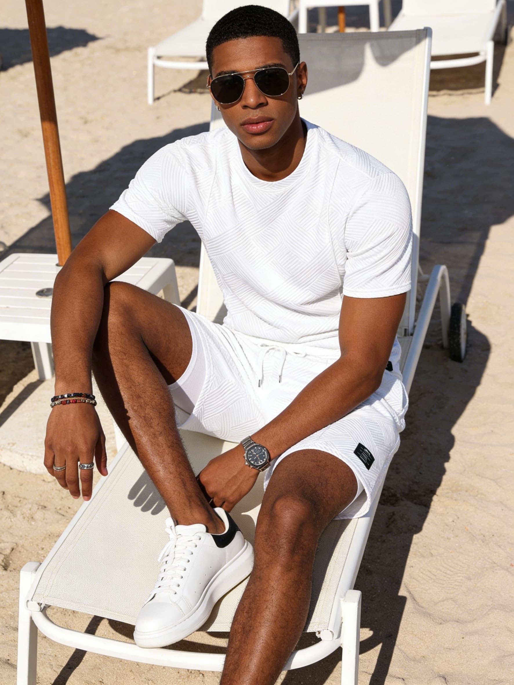 UOUA Mens Short Sets 2 Piece Summer Outfits Casual Short Sleeve Crew-Neck Shirts & Shorts Track Suit Jogging Loungewear White S