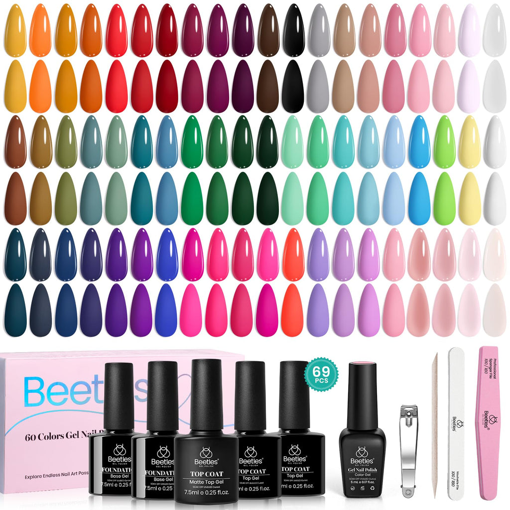 Beetles Gel Nail Polish Set - Emotional Spectrum 69PCS 60 Colors Gel Polish Kit Base Coat Glossy & Matte Top Coat UV Led Soak off Collection Brown Red Black Nude White Valentines Gifts for Women