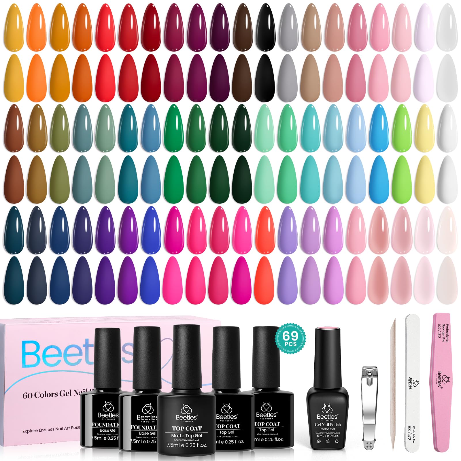 Beetles Gel Nail Polish Set - Emotional Spectrum 69PCS 60 Colors Gel Polish Kit Base Coat Glossy & Matte Top Coat UV Led Soak off Collection Brown Red Black Nude White Valentines Gifts for Women