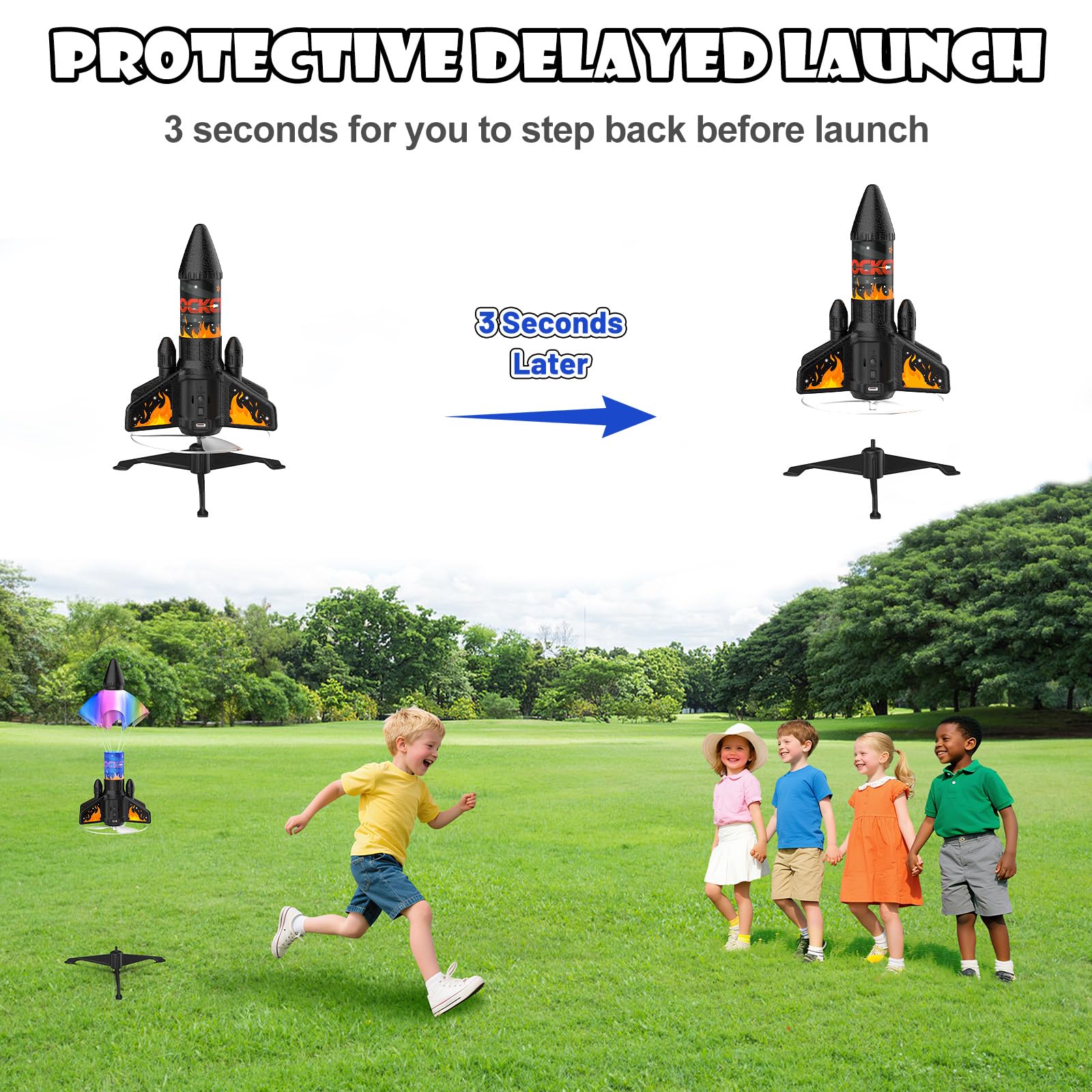 Ovaasy Rocket Launcher for Kids, 200 ft Self Launching Motorized Rocket Toy with LED and Safety Parachute Land, Outdoor Toys Cool Birthday for Boys Ages 8-12 (Orange)