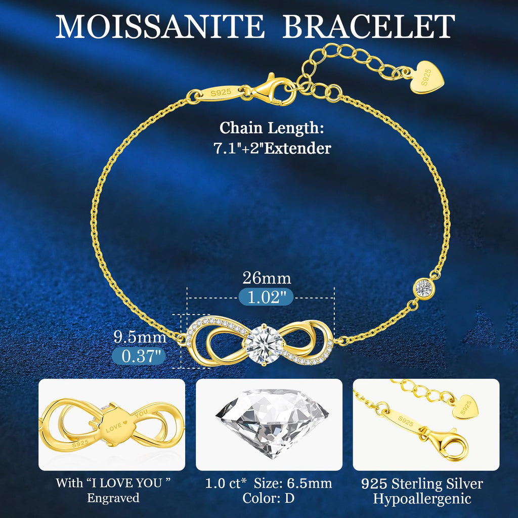 Seelove Valentine's Day Gift Moissanite Infinity Heart Bracelets for Women, 925 Sterling Silver,18K Gold Plated, Adjustable Anniversary Birthday Jewelry Gifts for Wife Her Mom(18K Gold)