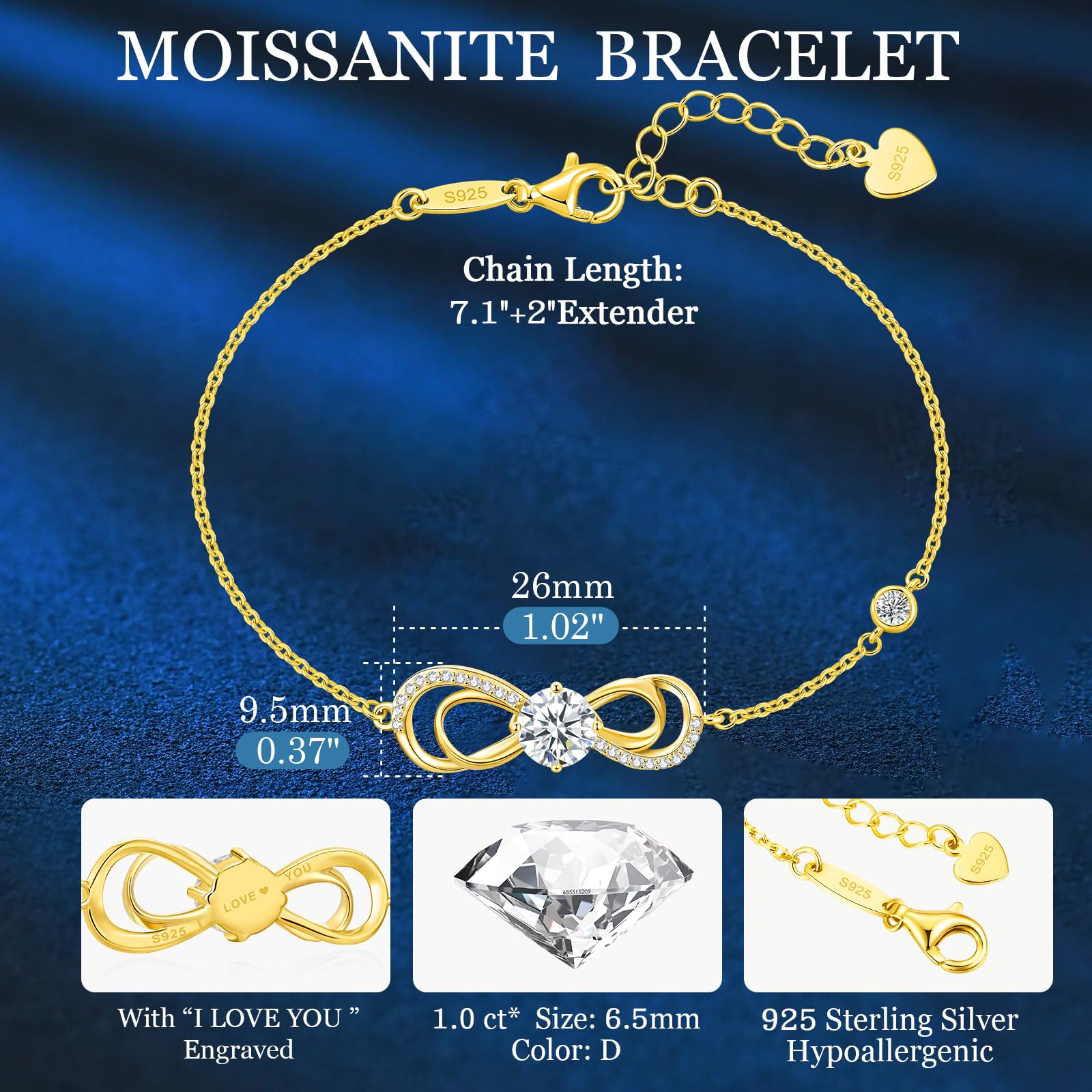 Seelove Valentine's Day Gift Moissanite Infinity Heart Bracelets for Women, 925 Sterling Silver,18K Gold Plated, Adjustable Anniversary Birthday Jewelry Gifts for Wife Her Mom(18K Gold)