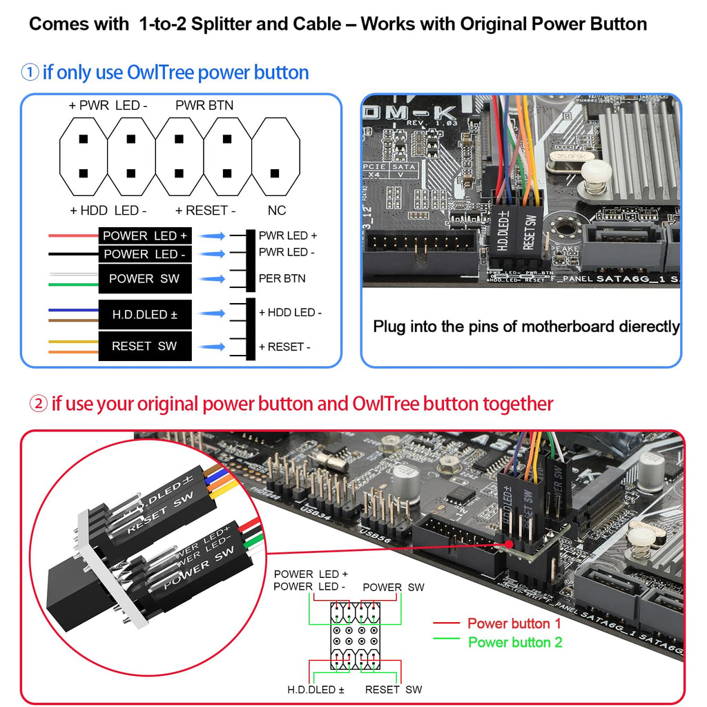 PC Power Button, Desktop Switch Splitter ON Off Reset SW HDD LED PC External Power Supply Button for Computer Motherboard