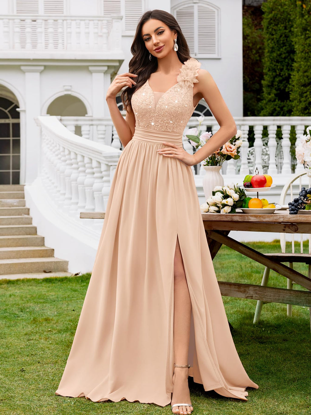 Miusol Women's Vintage V-Neck Sleeveless Sequined Split Formal Evening Maxi Dress (Small, Champagne)